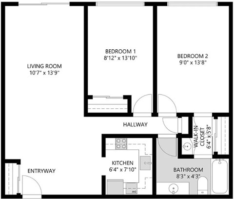 Floor plan for 2 beds, 1 bath, 900 sqft